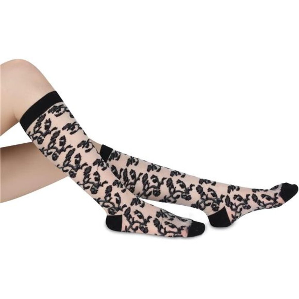Sheer Knee High Socks Black flowers Stockings Nylon - Picture 4 of 7